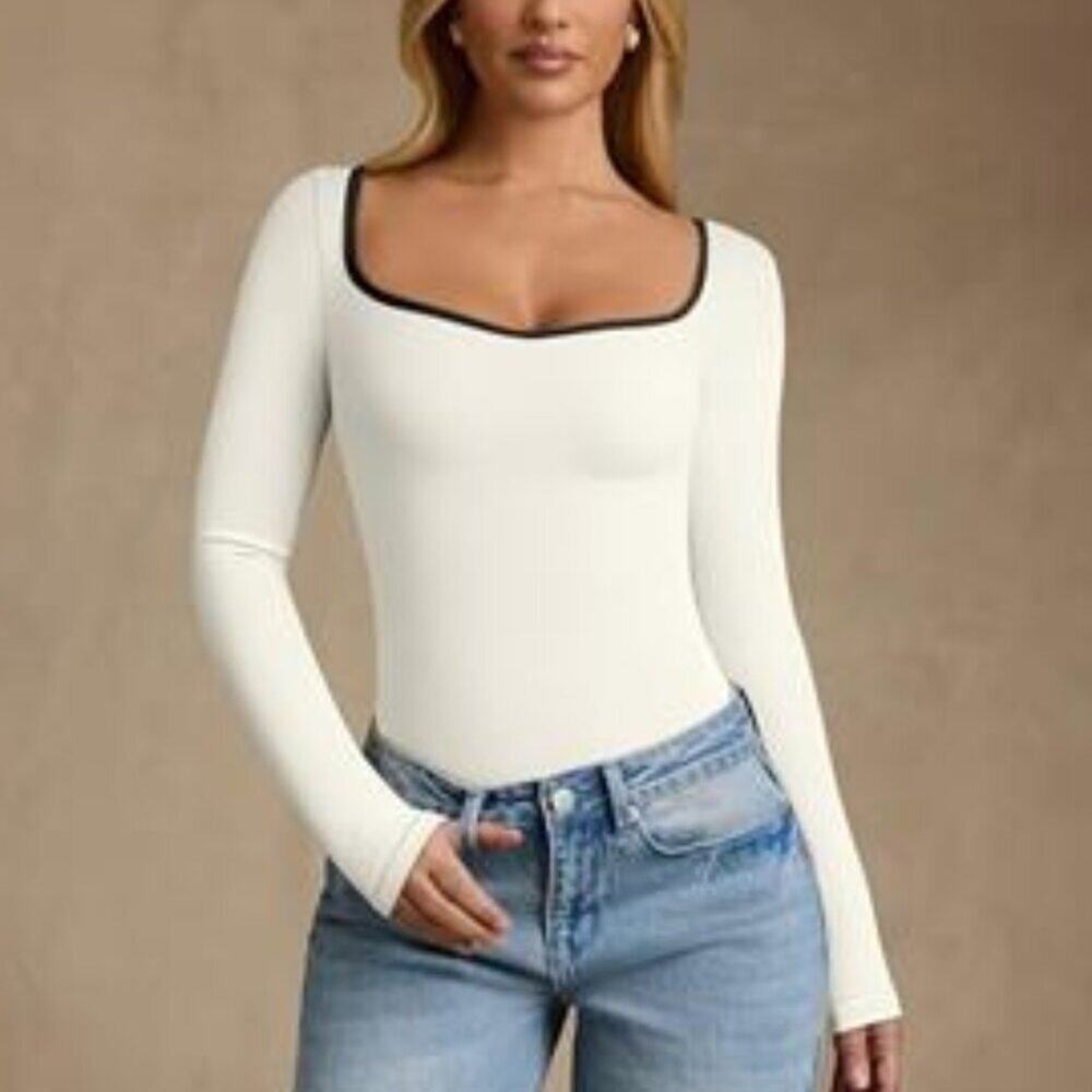 Women White Bodysuit Contrast-Trim Square Neck Long Sleeve Stretch Bodysuit Tops